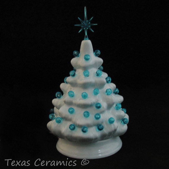 Small Light Blue Ceramic Christmas Tree with Aqua Color Lights
