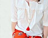 Pink Blush Bead Strand and Tassel Necklace, Red Tassel Necklace, Boho Long Necklace