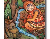 Postcard based on the piece "Forest Village" by Poxodd. 6" X 4"  Autumn scene, child building mini town in woods.