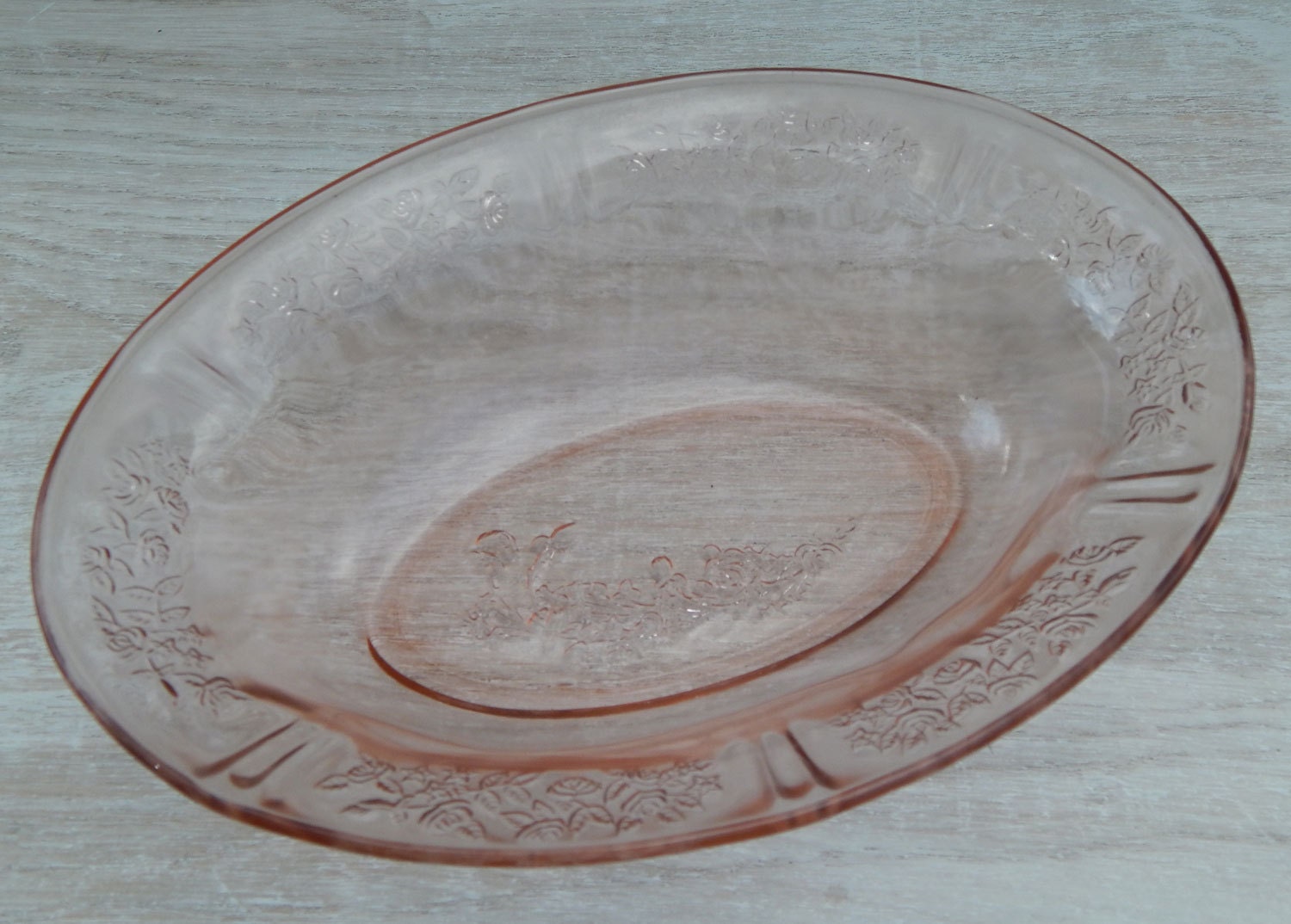 Pink Depression Glass Oval Vegetable Bowl in the Sharon Cabbage Rose