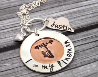 lineman necklace-lineman wife-telephone jewelry-personalized lineman necklace-hand stamped