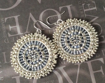 Small Beaded Silver Disc Earrings Bright Silver Goddess Seed Bead Earrings