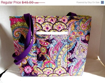 ... Floral Paisley Quilted Tote Purple Lime Green Handbag Lots of Pockets