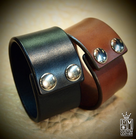 Leather cuff bracelets PAIR Black and Brown Bridle Leather wristband Custom made for You in NYC by Freddie Matara using refined techniques