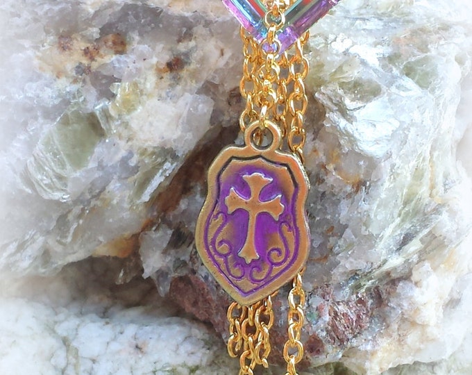 Vintage Gold Cross Earrings with Swarovski Crystal, Chains, Purple crosses