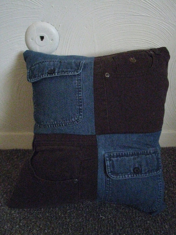 Upcycled Denim Throw Pillow With Pockets Jean Patchwork