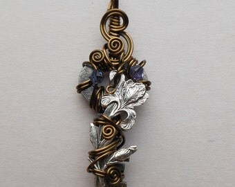 Iris Key Pendant -- Silver Iris Flower Wire Wrapped Key, Blue, Violet Swarovski Crystals, Antique Brass Wire