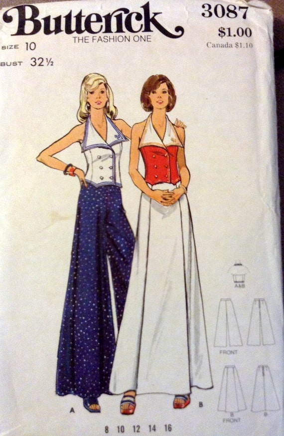 Vintage 70's Sewing Pattern Butterick 3087 Misses' Halter Top Sailor Collar Palazzo Pants Size 10 Bust 32.5 Uncut Complete