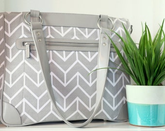 Less than Perfect - Laptop Camera Bag - Gray and White Chevron - Laptop Tote - Womens Laptop Satchel - Canvas and Vegan Leather