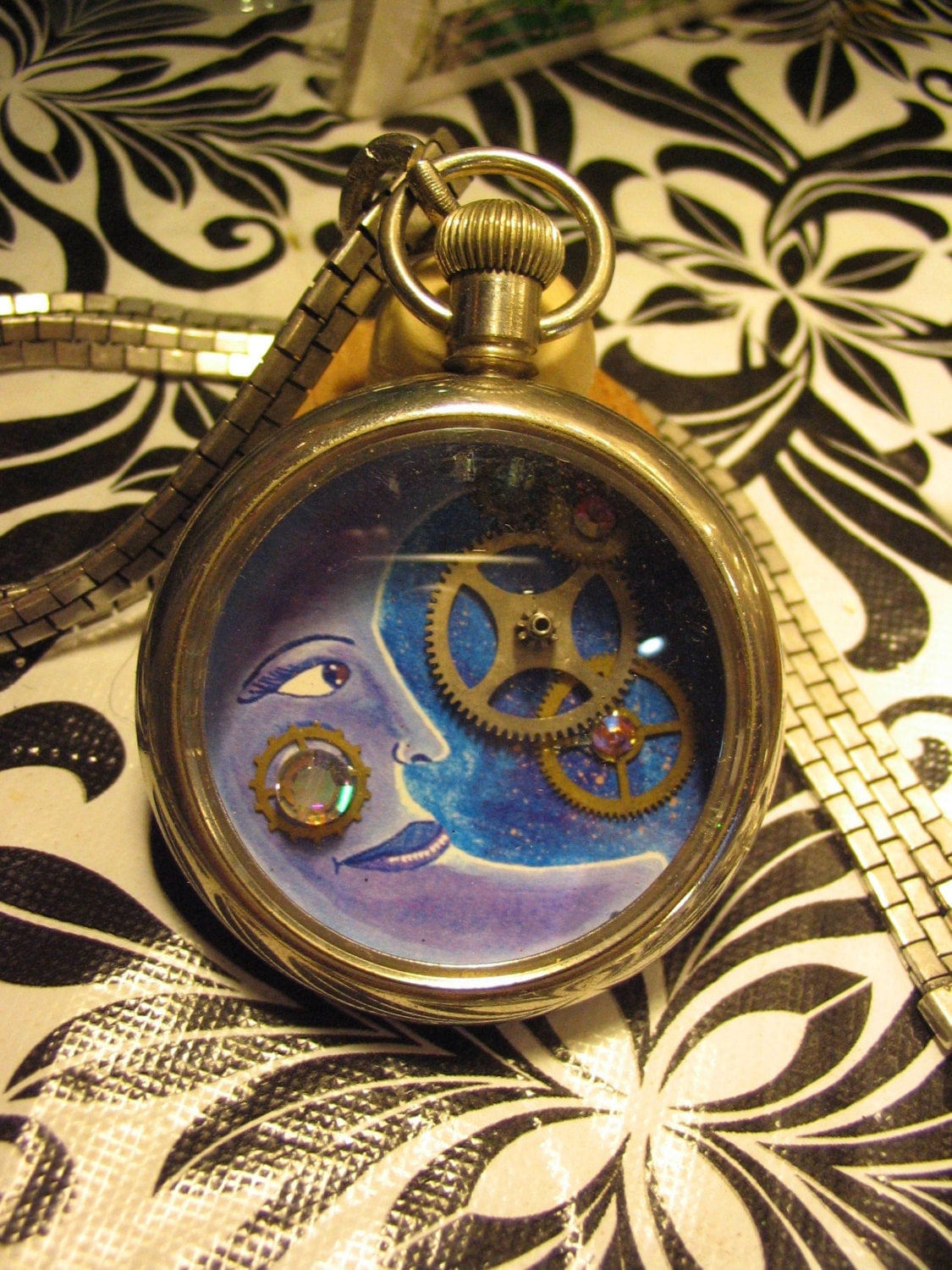 Steampunk Blue Moon Pendant Made Out of a Pockect Watch and Watch Gears