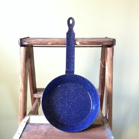 Vintage Enamel Fry Pan Blue Splatter ware Enamel by solsticehome