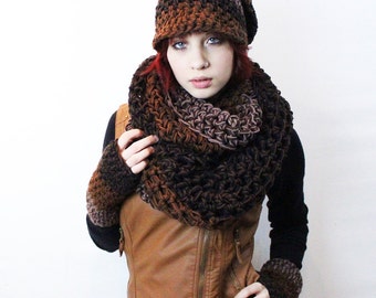 SET WOOD Rasta Love Cowl Hood Vegan scarf slouch hat fingerless gloves black brown taupe