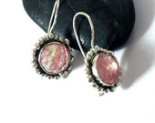 Silver Dangle Cherry Quartz Earrings- Pink Stone Earrings-Round Rosecut Stone Earrings-Artisan Pink Earrings Silver Dangle Cherry Quartz Earrings- Pink Stone Earrings-Round Rosecut Stone Earrings-Artisan Pink Earrings
