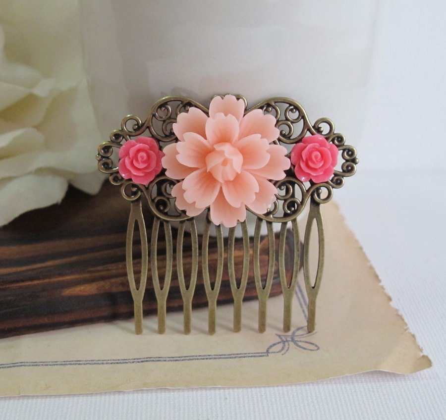 Light Pink and Fuschia Pink Flowers Floral Hair Comb. by AnnMichy