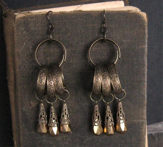 Items similar to Bronze Jangly Gypsy Rings Dangle Earrings Handmade