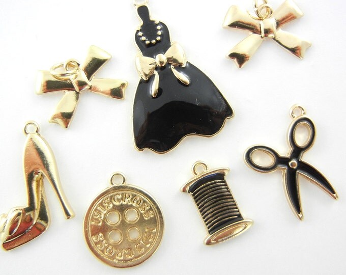 Set of 7 Fashion Themed Charms Gold-tone Black Epoxy