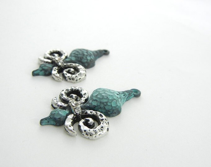 Pair of Patina and Antique Silver-tone Hammered Fleur de Lis Charms Row of Rhinestone Accent