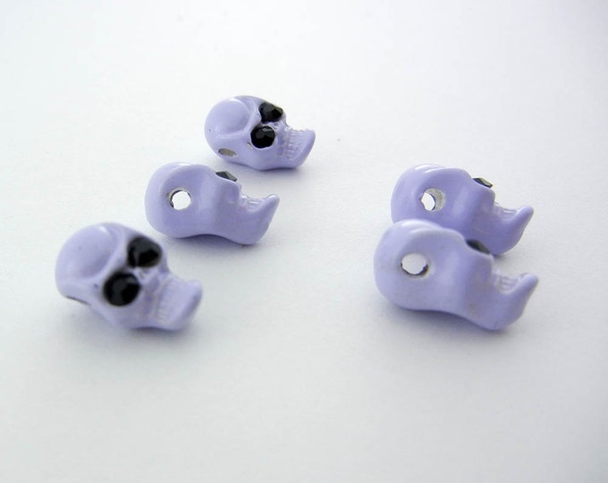 Set of 5 Small Lavender Painted Metal Skull Beads with Black Rhinestone Eyes