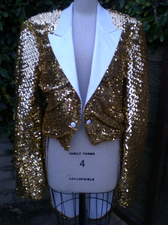 Vintage GOLD Sequin Tuxedo Jacket . coat tails. Liberace