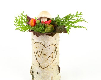 One large birch bark vase, personalize with free engraving, heart engraved vase
