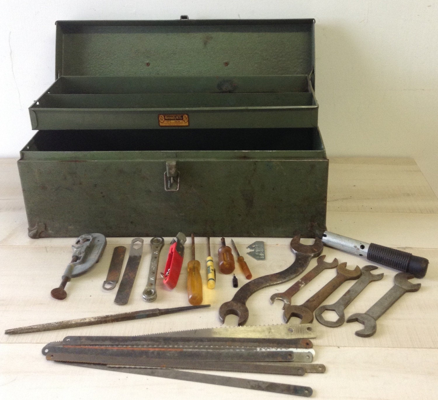 1950s vintage rustic green metal Kennedy Kits tool box with vintage
