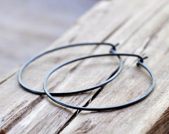 Large Oxidized Sterling Silver Hoop Earrings. Everyday Wear. Black. Grey. Gray. Oxidised. Eco.