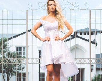 Eidothea, Sea Goddess Wedding Gown, Hi Low Off the Shoulder, Silver details