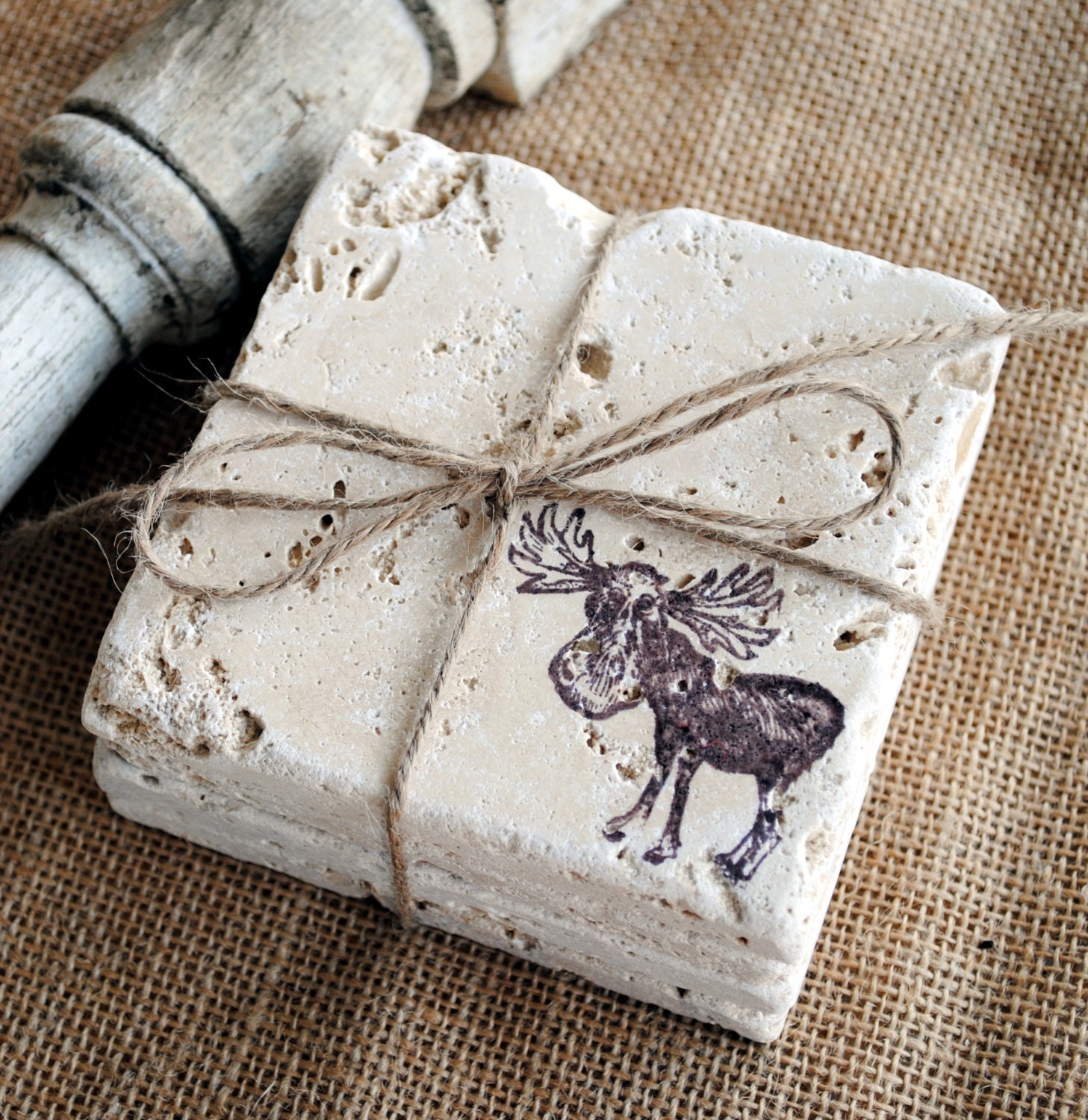 The Moose Designer Coaster Set of 4 Natural Stone