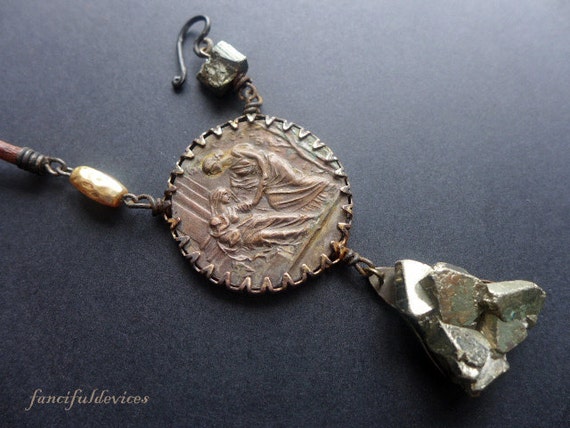 Protect the Mothers. Rustic assemblage necklace with antique medal and pyrite.