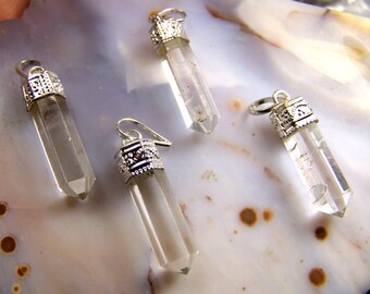 ONE Quartz crystal necklace pendant - clear Quartz polished stone point - silver cap dark purple - focal bead coyoterainbow - chain or cord