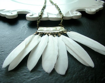 White Hot Feathers Bohemian Hippy Chic Layering Necklace in Antique Brass