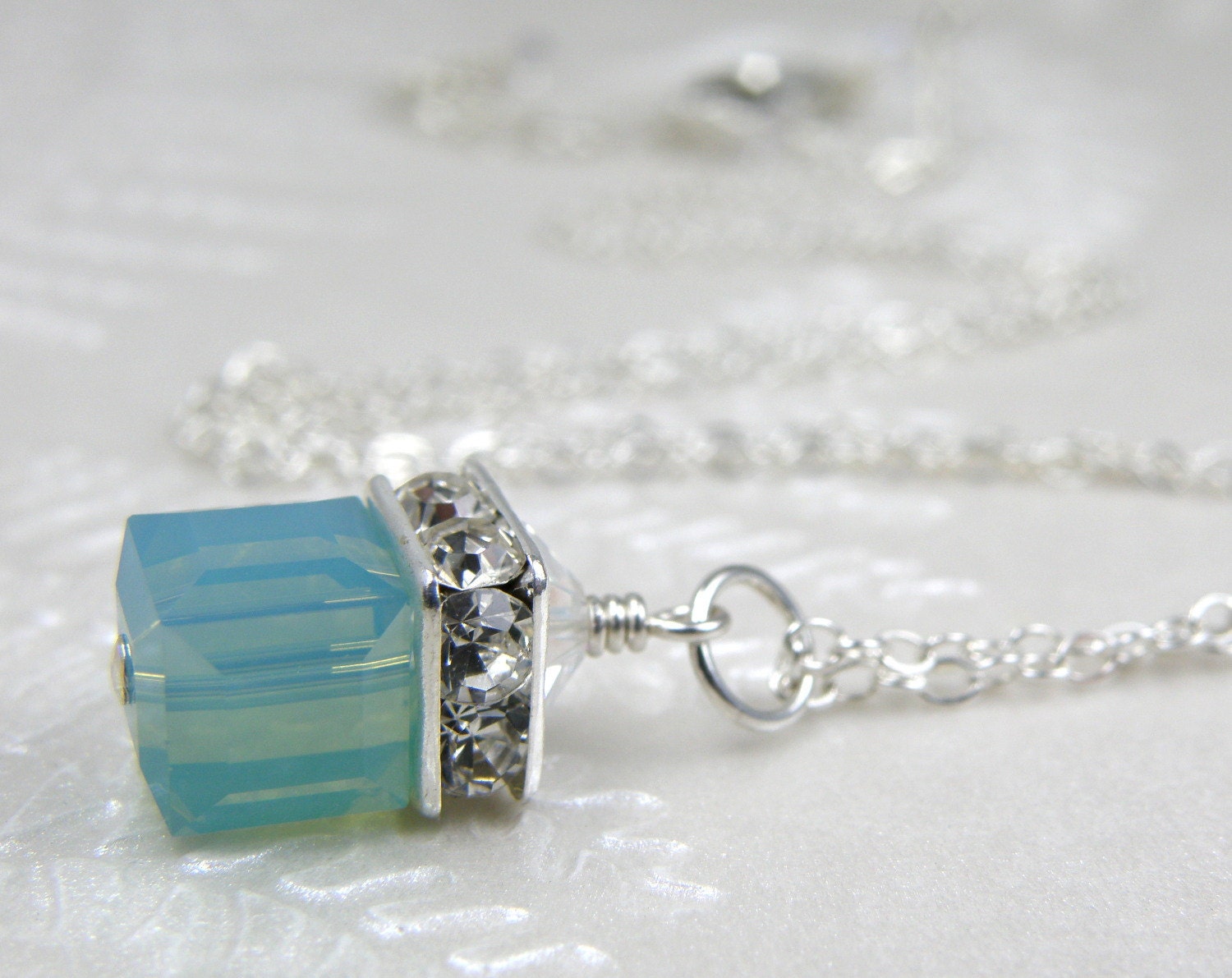 Mint Green Swarovski Crystal Jewelry Sterling Silver Cube