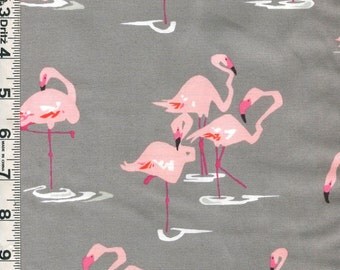 Fabric Andover Coral Pink Flamingos on a gray background Tropical Florida fun BTY