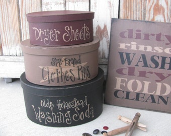 Primitive Laundry Room Hand Painted Set of 3 Oval Stacking Boxes GCC5099