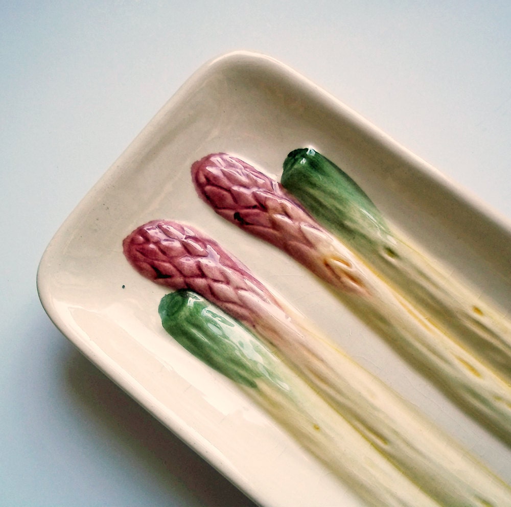 Vintage Olfaire Ceramic Asparagus Dish from Portugal Hand Painted