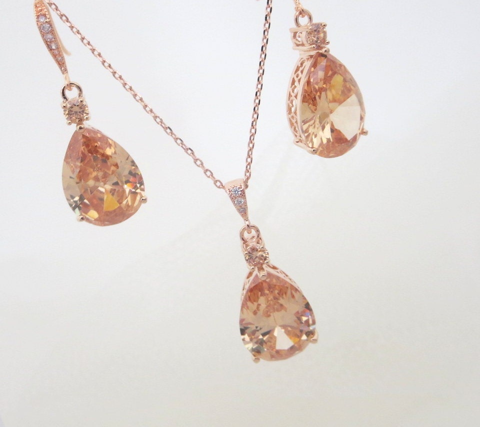 Rose Gold Bridal jewelry SET Rose Gold necklace Crystal