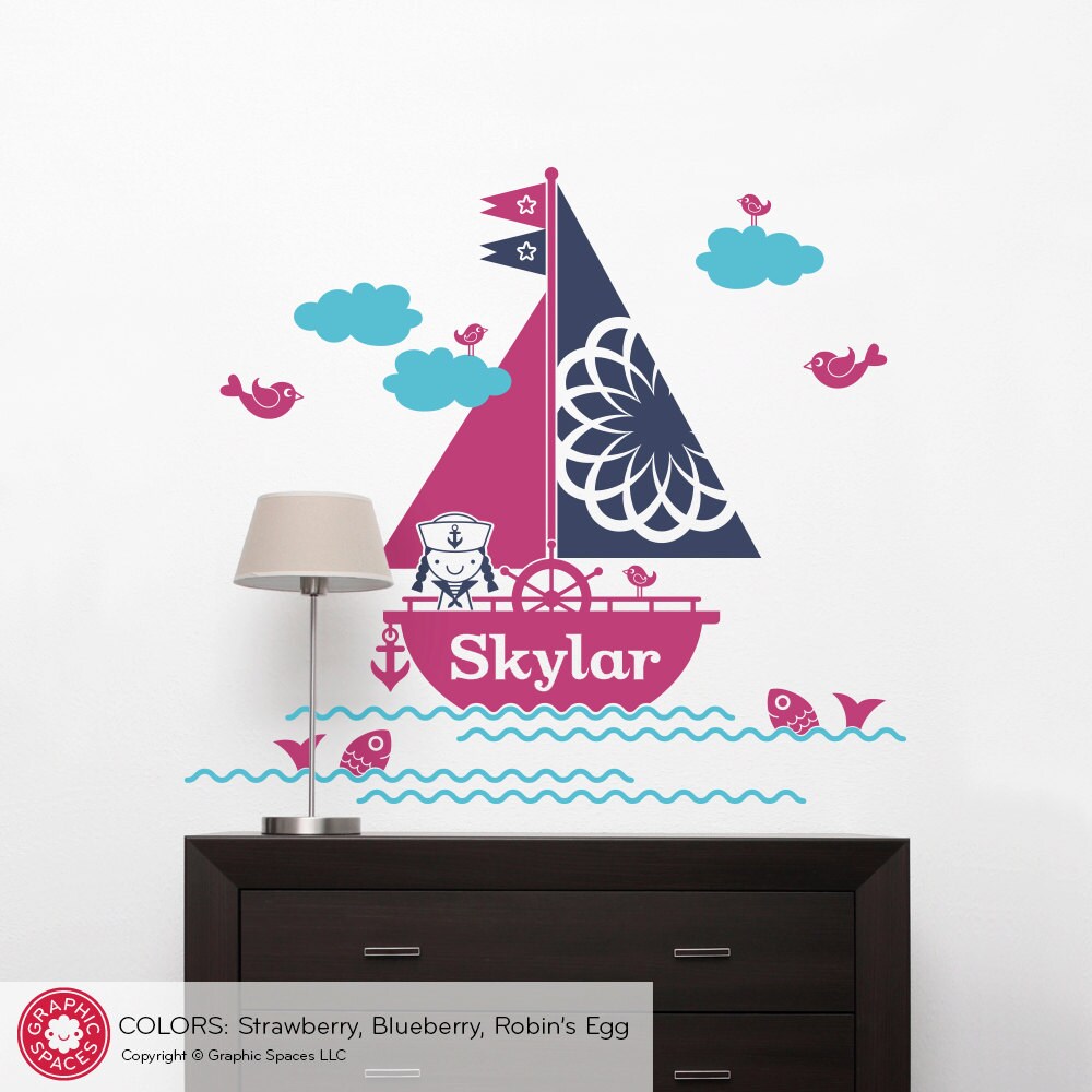Sailboat Wall Decal Personalized GIRL Boat Ocean Nursery