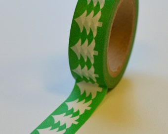 Washi Tape - 15mm White Christmas Trees on Green - Deco Paper Tape No. 1031