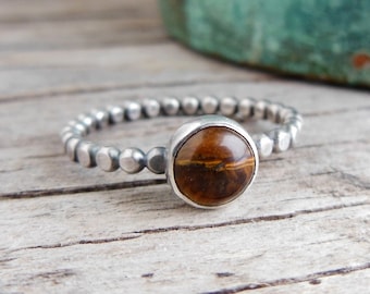 Tiger Eye Ring, Sterling Silver Dotted Band, Stacking Ring, Womens Jewelry, Brown Stone,