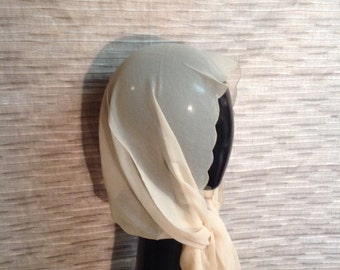 Vintage Sheer Beige Scalloped Edge Scarf (s-45)