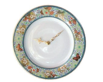 ON SALE! Floral Butterfly Wall Clock - Teal and Brass Porcelain Plate Clock - Kitchen Clock - Unique Wall Clock - Wall Decor - 2311