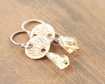 November Birthstone Earrings, Citrine Dangle Earrings, Geometric Citrine Jewelry, Mixed Metal Rustic Jewelry