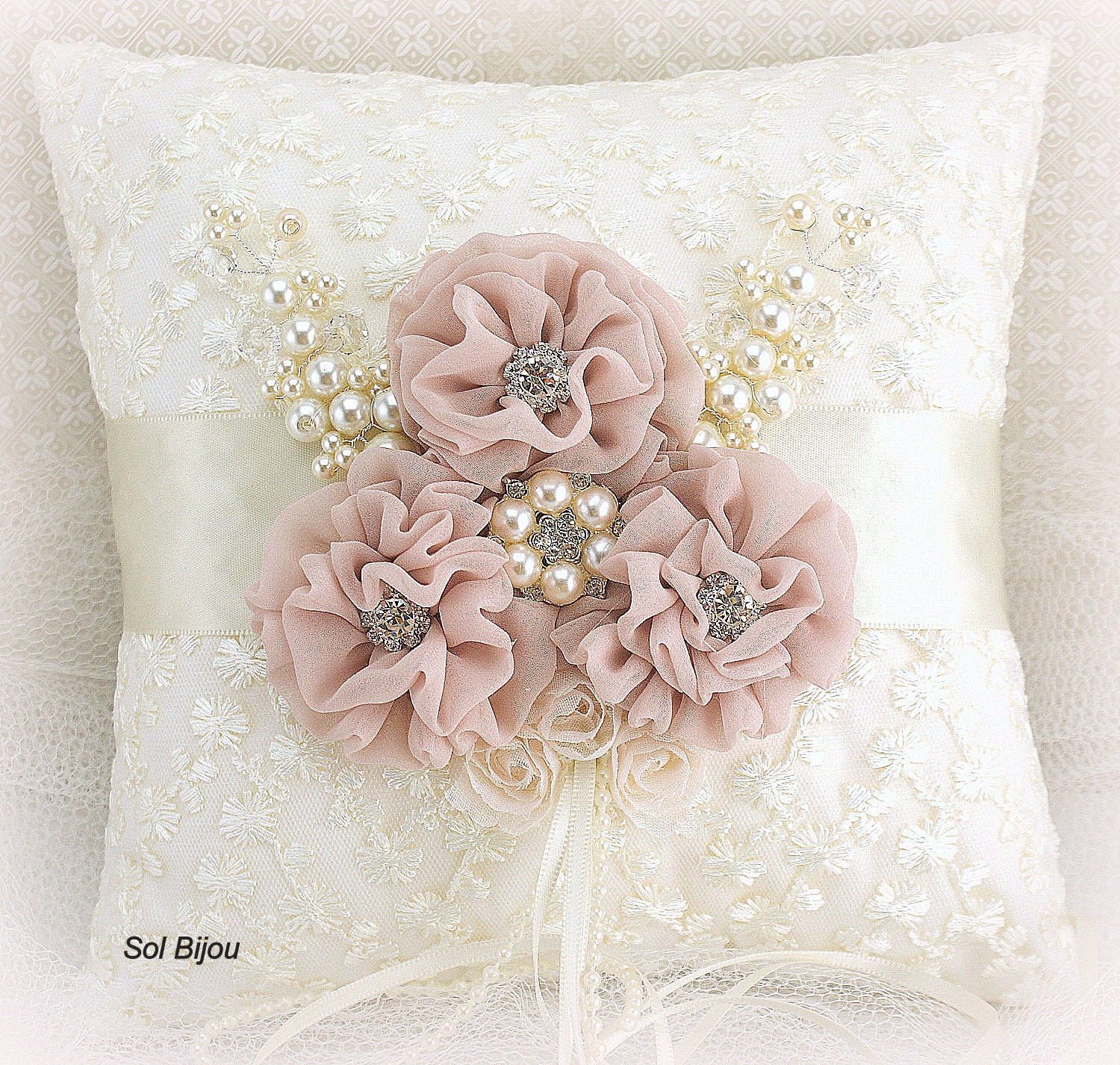 Ring Bearer Pillow Wedding Ivory Cream Silver White