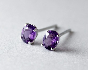 50% OFF White Gold Purple Amethyst Studs - Oval Cut - Post Earrings, February Birthstone