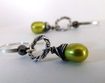 Pearl Earrings, Green Pearl Earrings, Sterling Silver, Chartreuse Pearl Earrings, Simple Dangle - Apple Green
