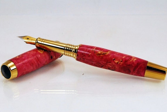 Handmade Fountain Pen, Red Box Elder Burl Wood, Gold Titanium Nitride, By ASHWoodshops, Heirloom Quality Gift, Corporate Executive