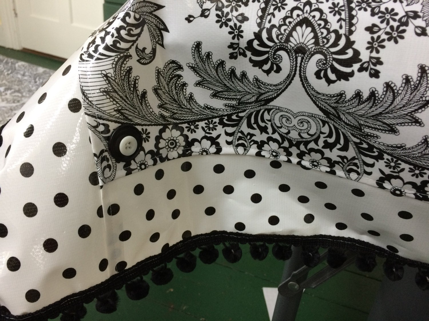 Classic black and white toile oilcloth tablecloth