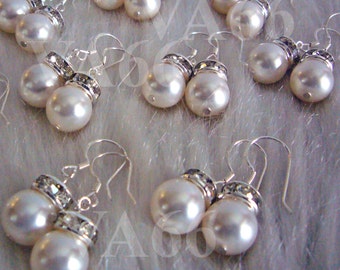 8 Pairs Bridesmaid 10mm Pearl Earrings 925 Sterling Silver Ivory White Swarovski Pearls Rhinestone Rondelles 8mm 27 Colors Bridal Party