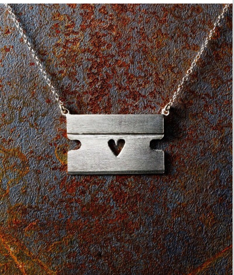 Razor Blade Necklace with Heart and 18 Chain