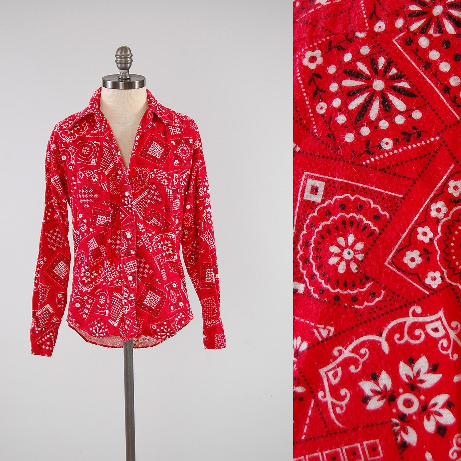 Vintage 70s red BANDANA print shirt / Pearl by digvintageclothing